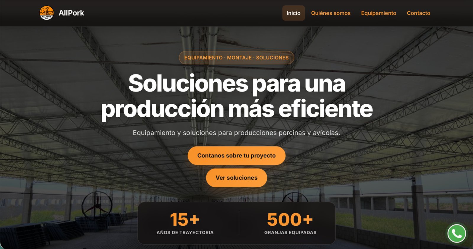 Captura real de la página de inicio de AllPork, con el título Soluciones para una producción más eficiente