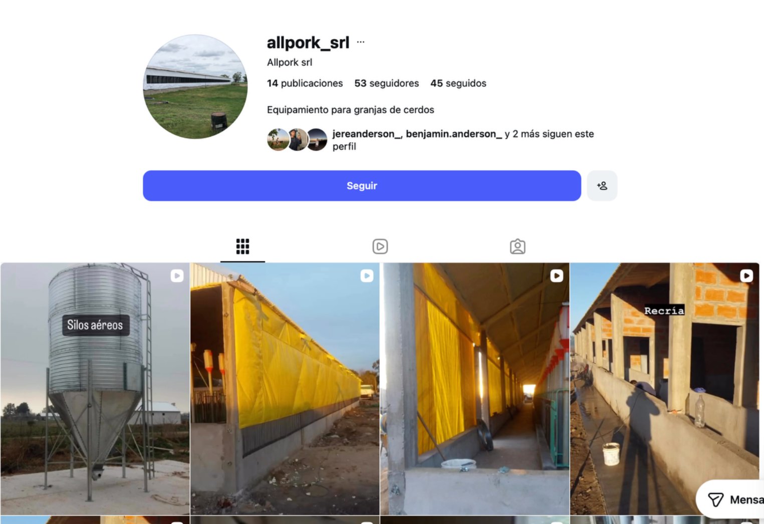 Captura del perfil anterior de Instagram de AllPork, con 53 seguidores y 14 publicaciones