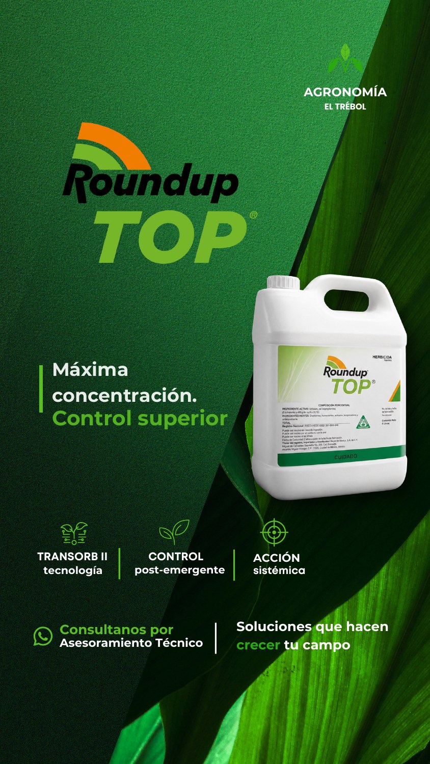 Propuesta conceptual de rediseño de Agronomía El Trébol con fondo verde, producto destacado y mejor jerarquía de texto